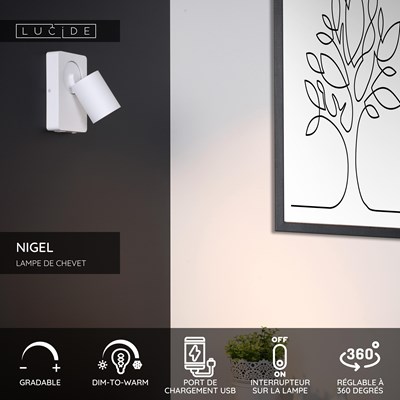 Lucide NIGEL - Lampe de chevet / Applique mural - LED Dim to warm - GU10 - 1x5W 2200K/3000K - Point de rechargement USB - Blanc